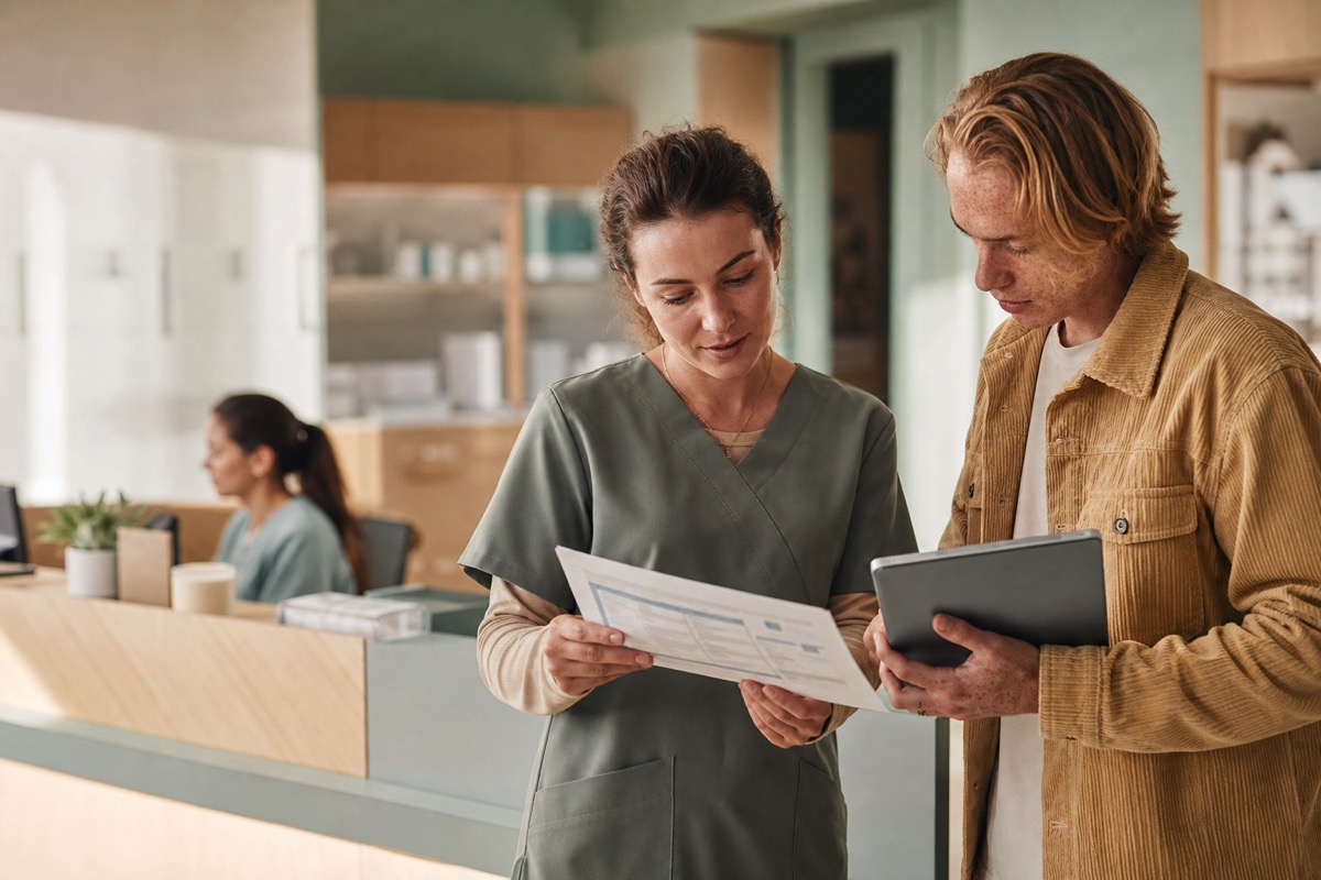 Healthcare support manager reviewing contact center workflows