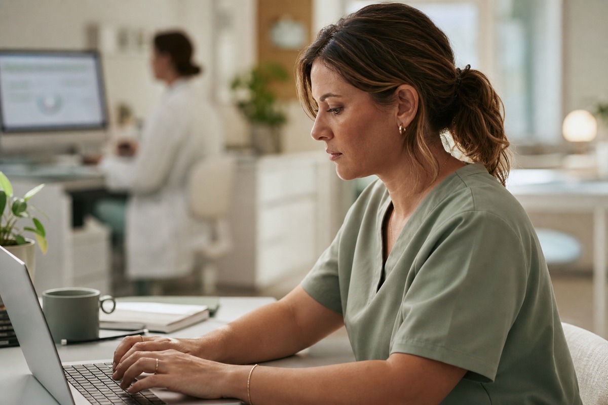 Healthcare operator reviewing secure network access on a laptop