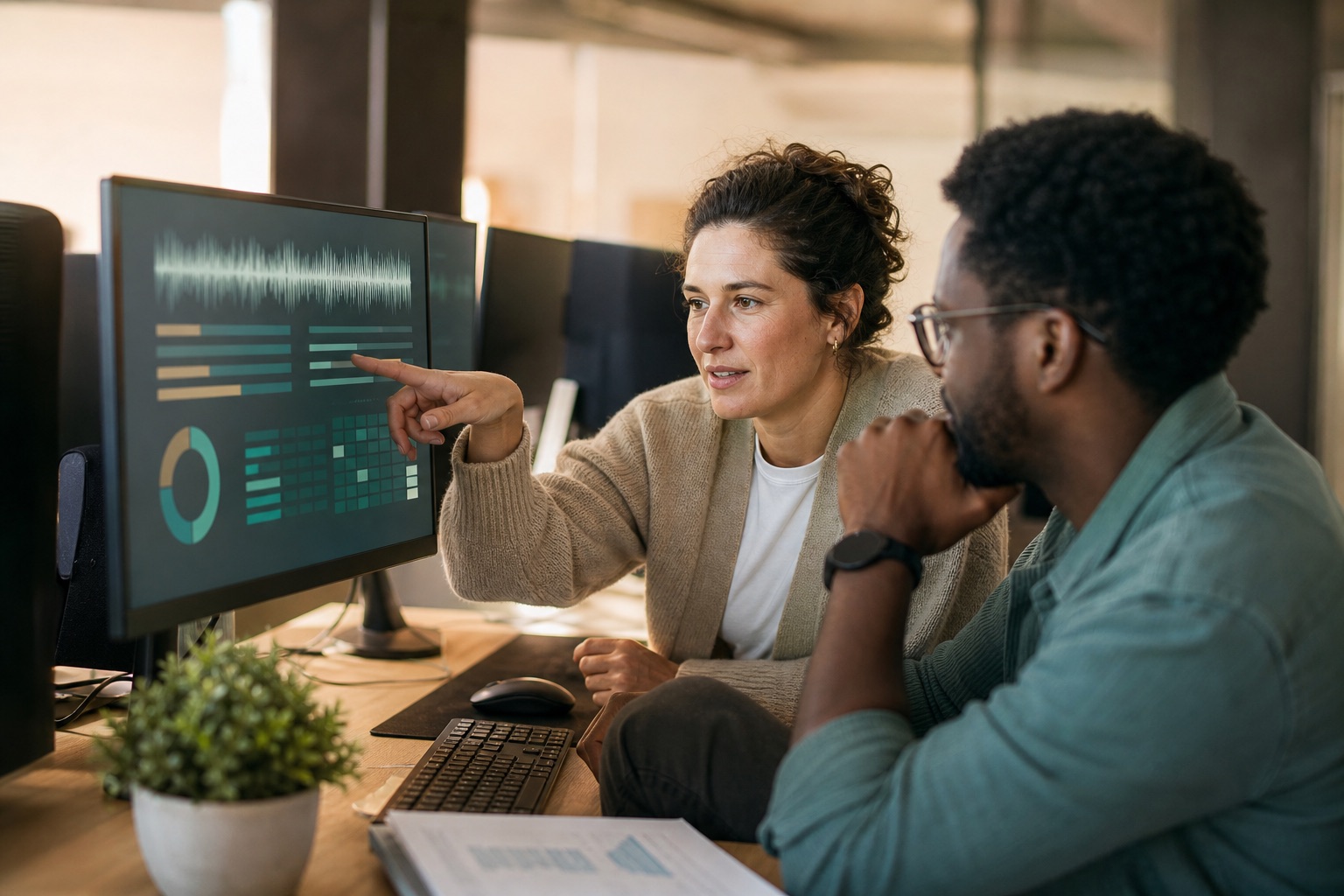 Quality assurance leaders reviewing contact center interaction scoring and compliance data