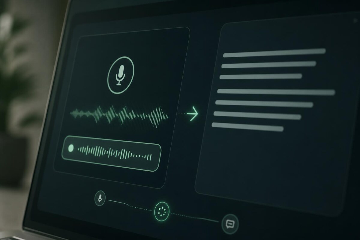 Clean modern close-up of a digital interface showing a live voice input bar or audio waveform on a screen actively being converted into written text in real time. The composition should clearly show the transition from spoken audio to text, with the waveform or voice bar on one side and a text output field on the other. Sleek conversational AI / voice technology aesthetic, minimal and professional UI, subtle motion and processing cues, realistic screen detail, polished enterprise SaaS style, cle